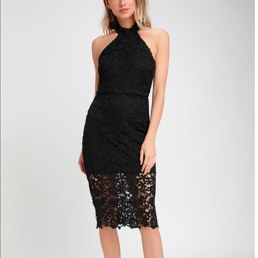 Black Lace Halter Midi Dress